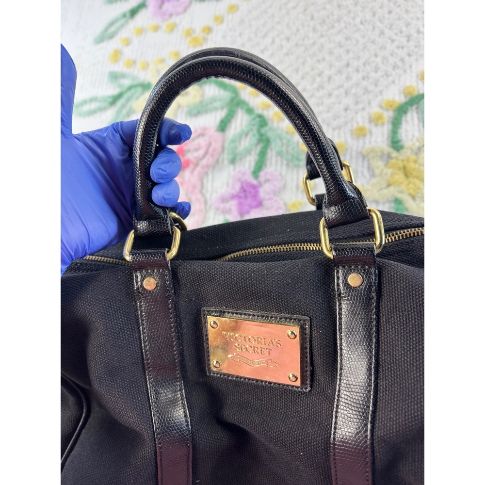 Victorias Secret Black Canvas Duffel Bag Gold Logo Pink Lining Crossbody Satchel - Picture 3 of 10